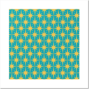 Atomic Age Retro Starburst Pattern in Mustard Yellow and Turquoise Teal Posters and Art